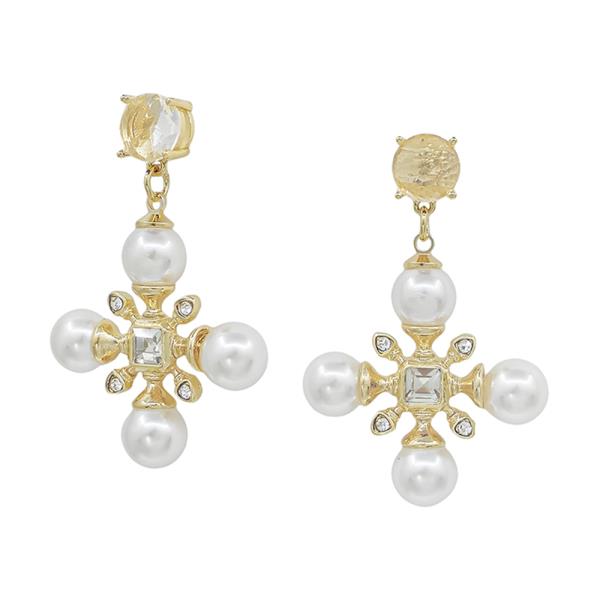 1.8" CRYSTAL POST CROSS SHAPE PEARL ACCENT EARRING