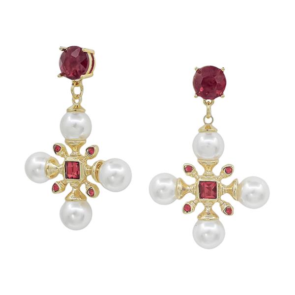 1.8" CRYSTAL POST CROSS SHAPE PEARL ACCENT EARRING