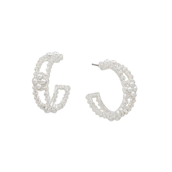 1" DOT SHAPE FLOWER PEARL ACCENT HOOP EARRING