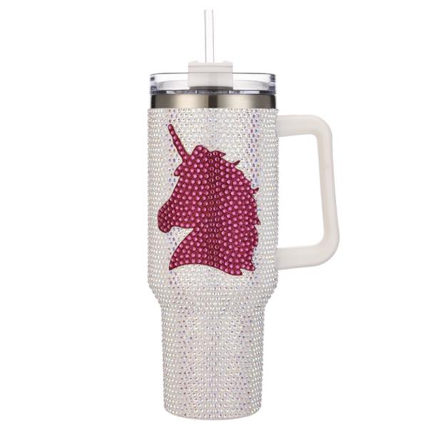 UNICORN RHINESTONE BLING 40 OZ TUMBLER WITH HANDLE STRAW