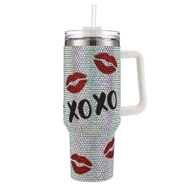 XOXO KISS LIPS RHINESTONE BLING 40 OZ TUMBLER WITH HANDLE STRAW