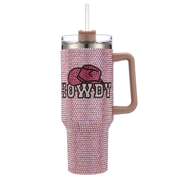 WESTERN HOWDY RHINESTONE BLING 40 OZ TUMBLER WITH HANDLE STRAW