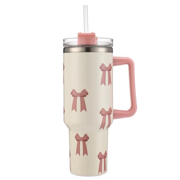 PINK RIBBON 40 OZ TUMBLER WITH HANDLE STRAW