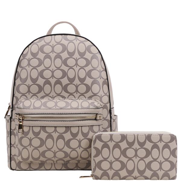 2IN1 OVAL PATTERN DESIGN HANDLE ZIPPER BACKPACK W WALLET SET