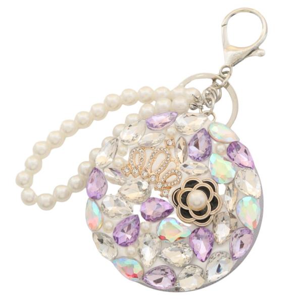 ROUND CROWN FLOWER TEARDROP STONE KEYCHAIN WITH PEARL