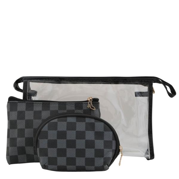 CHECKERED PATTERN CLEAR 3PC POUCH SET