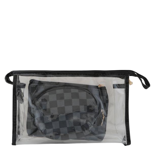 CHECKERED PATTERN CLEAR 3PC POUCH SET