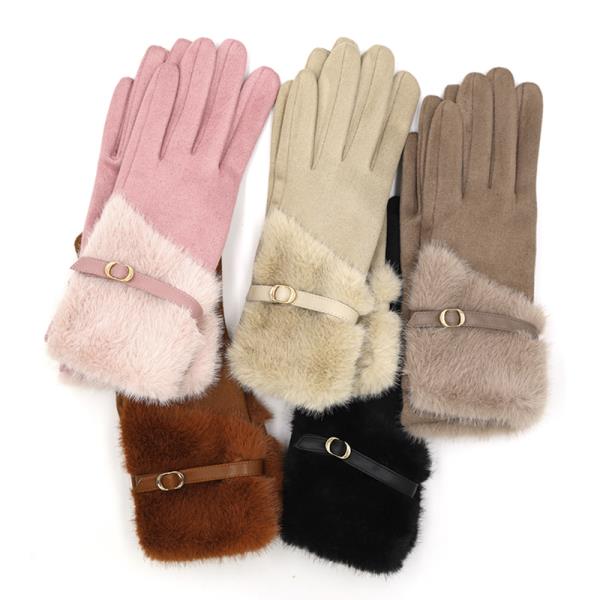 FAUX FUR AND STRAP CUFF SMART TOUCH GLOVES