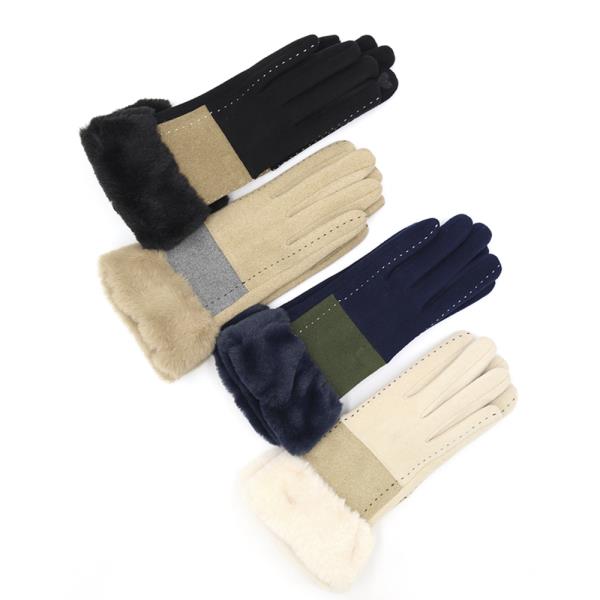 TWO TONE AND STITCH LINES FAUX FUR CUFF SMART TOUCH  GLOVES