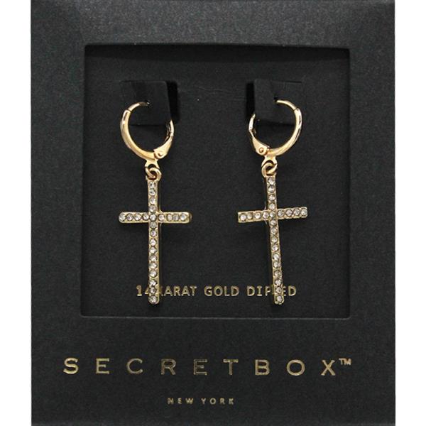 SECRET BOX 14K GOLD DIPPED CZ CROSS HUGGIES EARRING