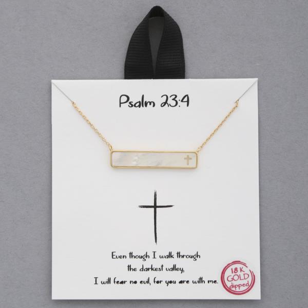 18K GOLD RHODIUM PSALM 23:4 CROSS MOTHER OF PEARL PENDANT NECKLACE