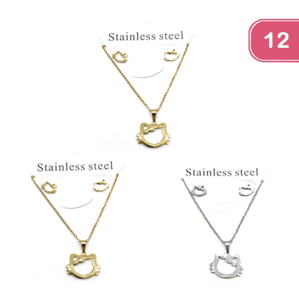 STAINLESS STEEL CAT PENDANT NECKLACE EARRING SET (12 UNITS)