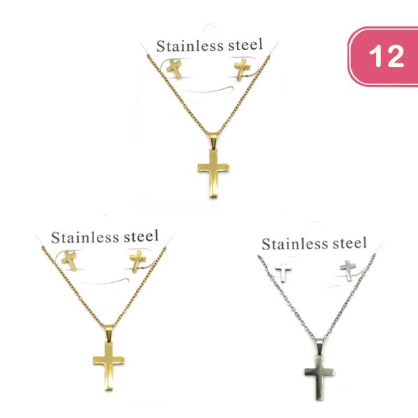 STAINLESS STEEL CROSS NECKLACE EARRING SET (12 UNITS)