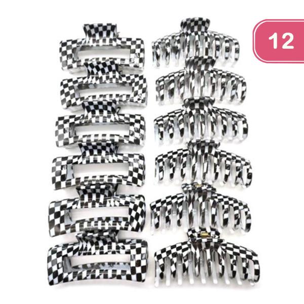 CHECKERED HAIR CLAW CLIPS (12 UNITS)