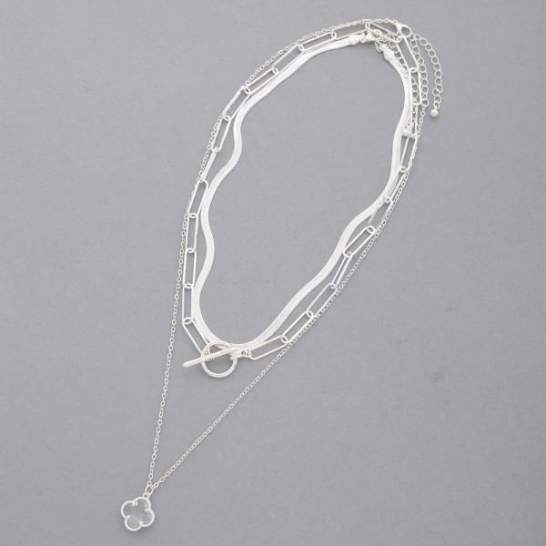 CLOVER CRYSTAL CHARM TOGGLE CLASP LAYERED METAL NECKLACE