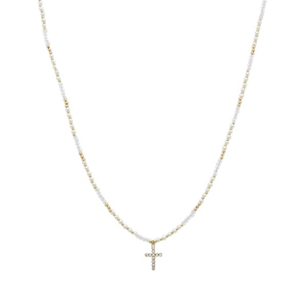 SEED BEAD PEARL RHINESTONE CROSS PENDANT NECKLACE