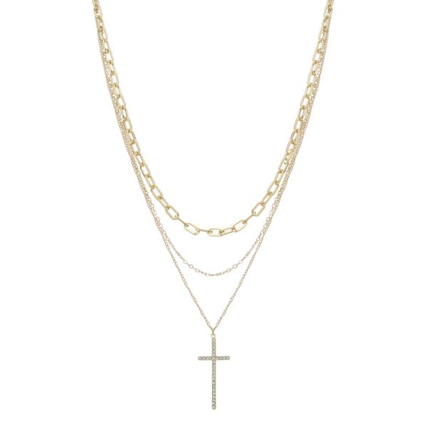 RHINESTONE CROSS METAL CHAIN LAYERED NECKLACE