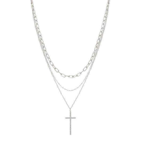 RHINESTONE CROSS METAL CHAIN LAYERED NECKLACE