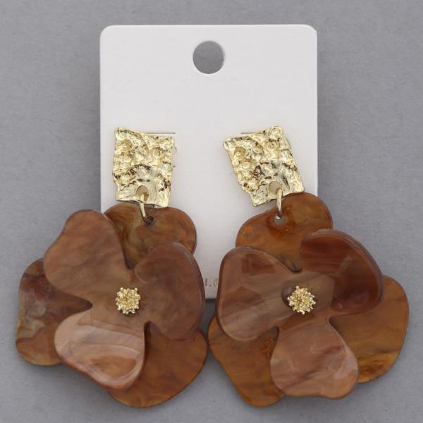 ACETATE FLOWER METAL SQUARE DANGLE EARRING