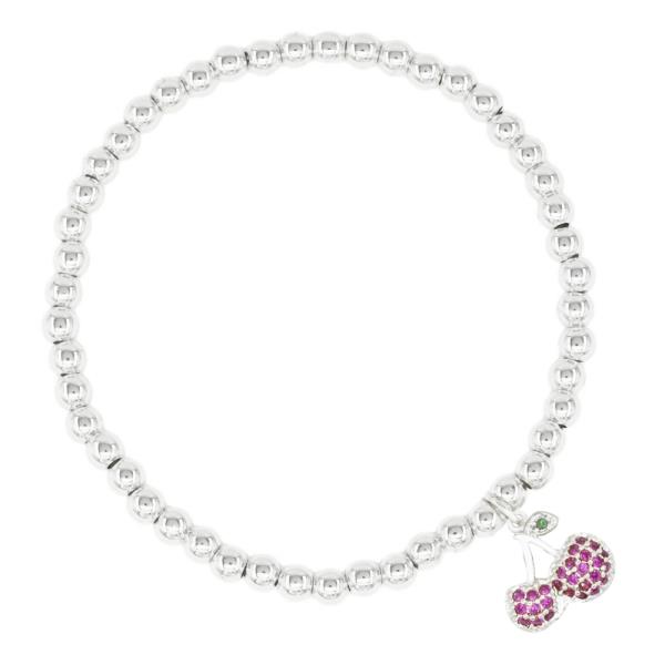 STAINLESS STEEL BALL CHERRY CHARM STRETCH BRACELET