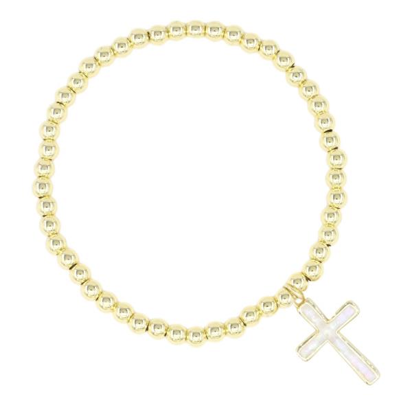 METAL BALL CROSS CHARM STRETCH BRACELET