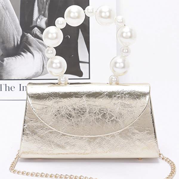 METALLIC PEARL HANDLE FLAP BAG