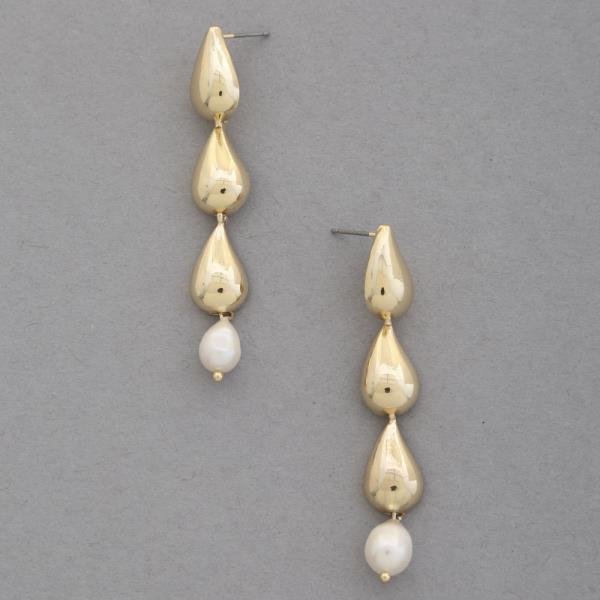 TRIPLE TEARDROP METAL PEARL BEAD DANGLE EARRING