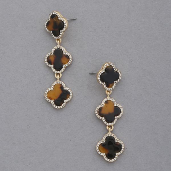 TRIPLE TORTOISE CLOVER DANGLE RHINESTONE DANGLE EARRING