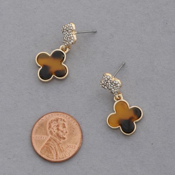 TORTOISE CLOVER RHINESTONE DANGLE EARRING