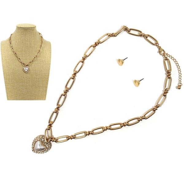 METAL CHAIN PEARL HEART PENDANT NECKLACE EARRING SET