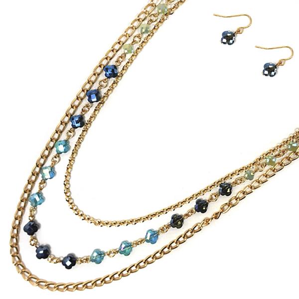 CLOVER METAL LAYERED CHAIN NECKLACE EARRING SET