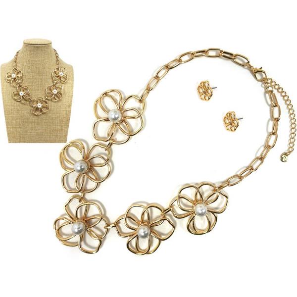 METAL FLOWER STATEMENT NECKLACE EARRING SET