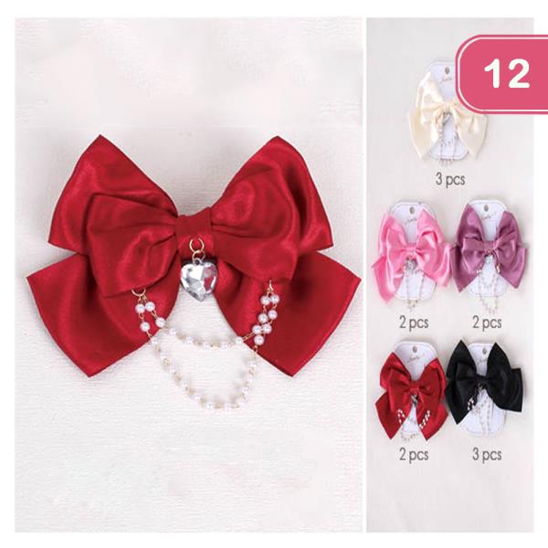 SILK HAIR BOW WITH DANGLE PEARL HEART CHRAM HAIR PIN (12 UNITS)