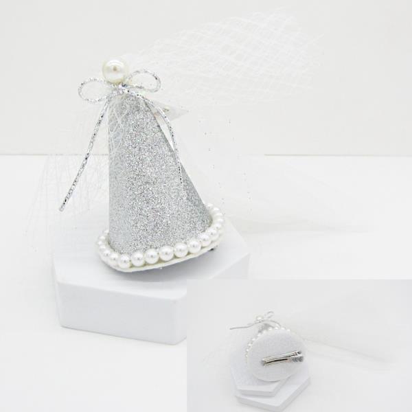 PEARL LINED GLITTER MESH PARTY CONE HAT HAIR PIN CLIP