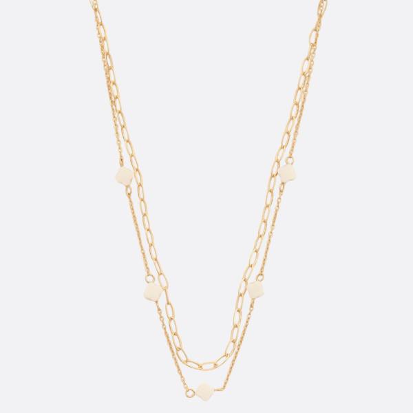 MOP CLOVER CHARM OVAL LINK LAYERED NECKLACE