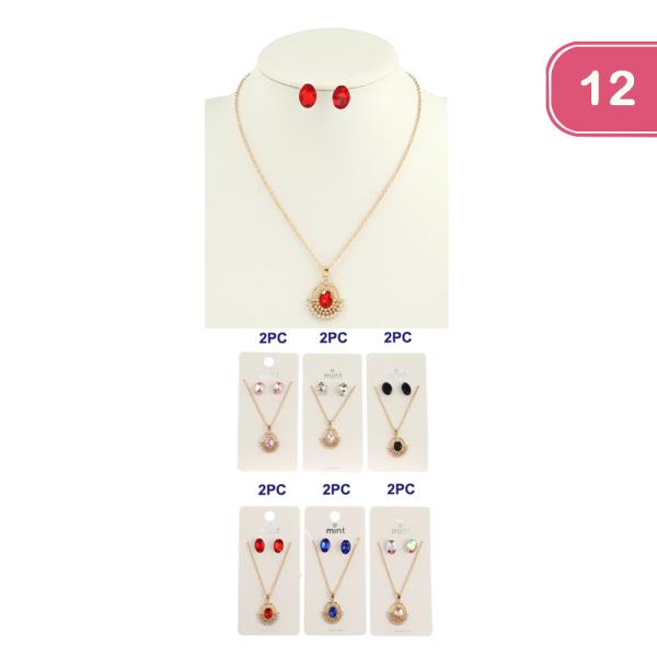 RHINESTONE NECKLACE PENDANT EARRING SET (12 UNITS)