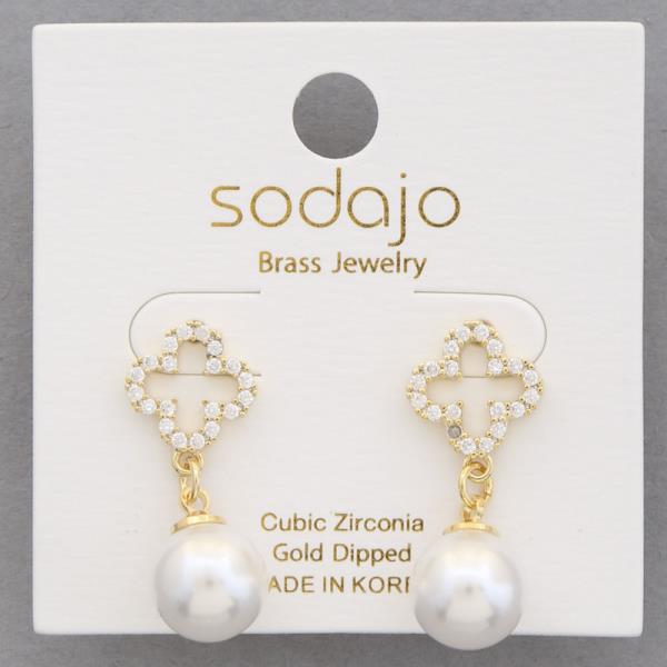 SODAJO CZ CUT OUT CLOVER PEARL BEAD GOLD DIPPED EARRING