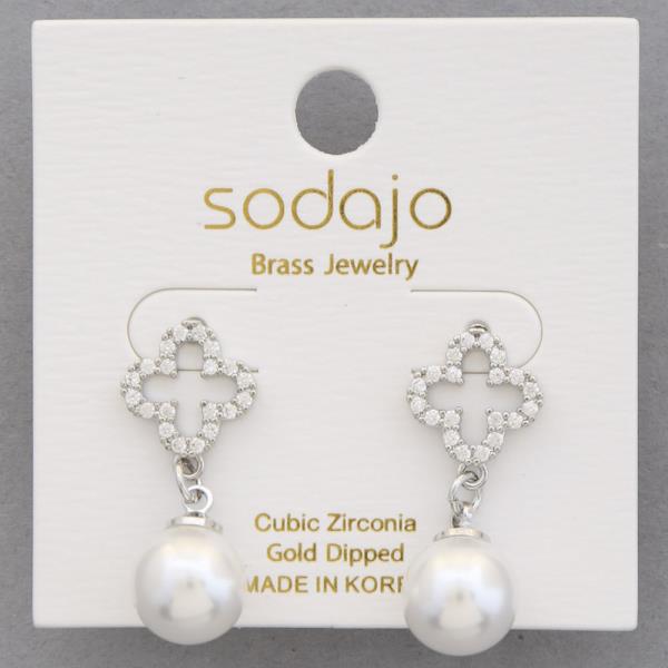 SODAJO CZ CUT OUT CLOVER PEARL BEAD GOLD DIPPED EARRING