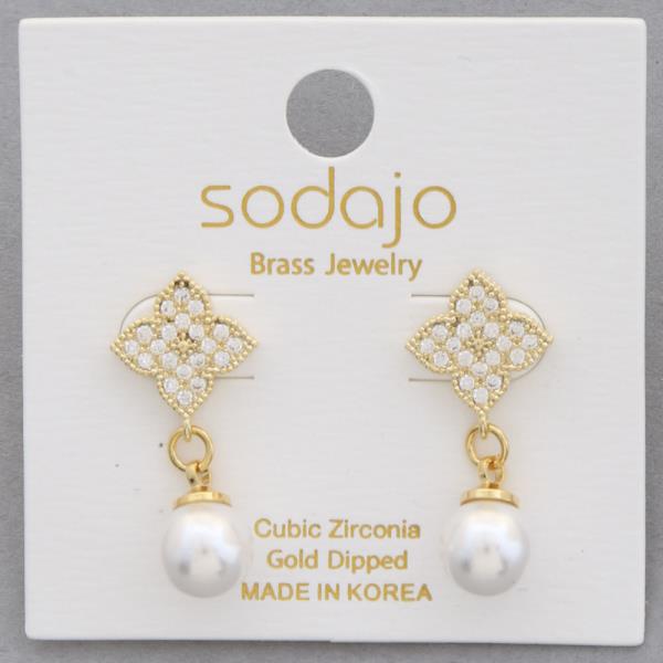 SODAJO CZ CLOVER PEARL BEAD GOLD DIPPED DANGLE EARRING