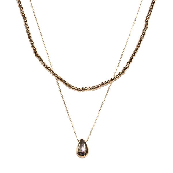 2 LAYERED METAL CHAIN TEARDROP PENDANT NECKLACE