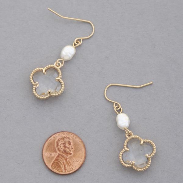 CLOVER STONE PEARL BEAD DANGLE EARRING