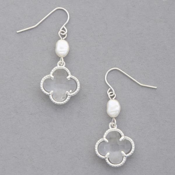 CLOVER STONE PEARL BEAD DANGLE EARRING