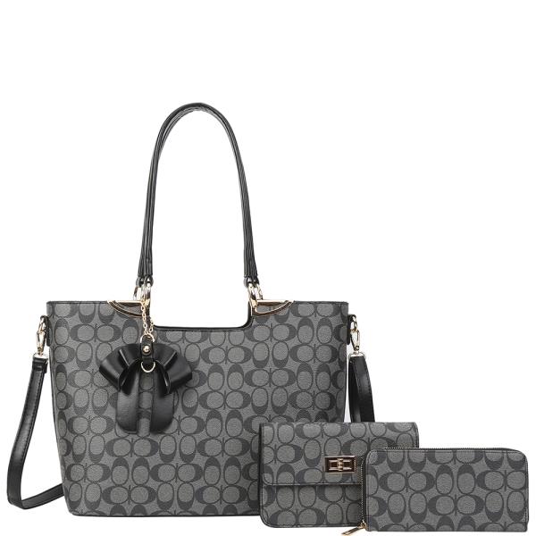 3IN1 PATTERN BOW SHOULDER SATCHEL W CROSSBODY AND WALLET SET