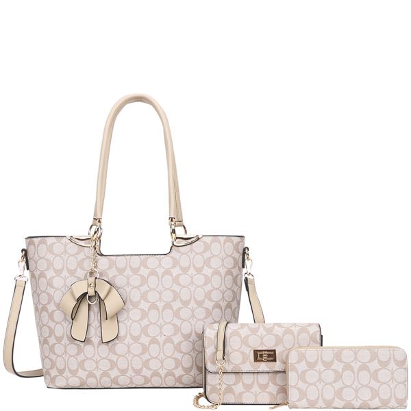 3IN1 PATTERN BOW SHOULDER SATCHEL W CROSSBODY AND WALLET SET