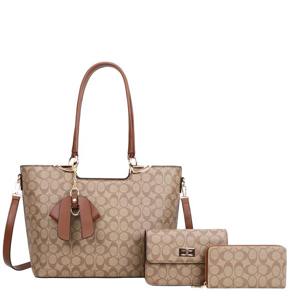 3IN1 PATTERN BOW SHOULDER SATCHEL W CROSSBODY AND WALLET SET