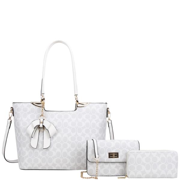 3IN1 PATTERN BOW SHOULDER SATCHEL W CROSSBODY AND WALLET SET