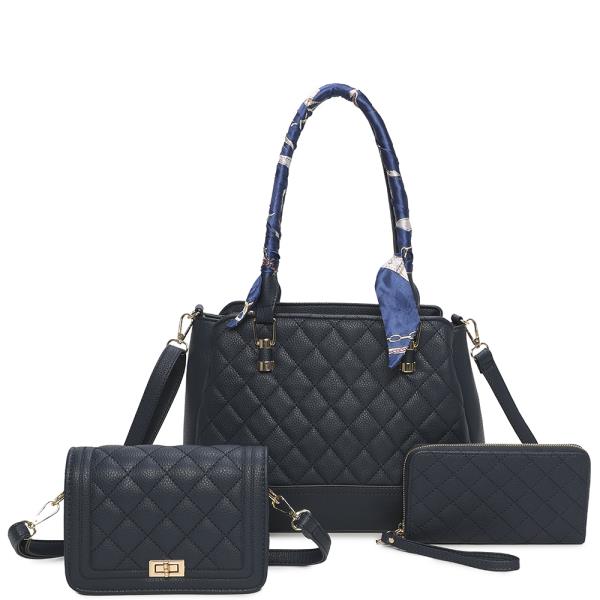 3IN1 QUILTED SCARF SATCHEL W CROSSBODY AND WALLET SET