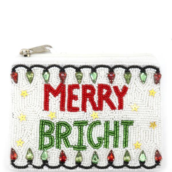 SEED BEAD MERRY BRIGHT CHRISTMAS COIN PURSE BAG