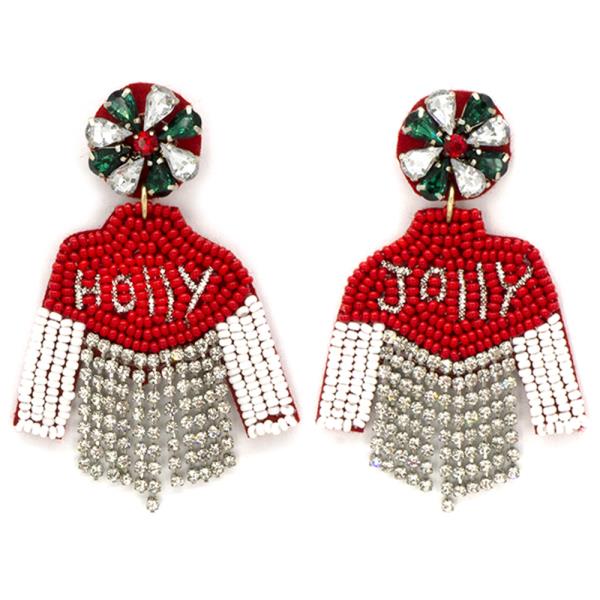 SEED BEAD CHRISTMAS HOLLY JOLLY DANGLE EARRING