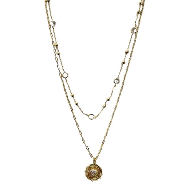 2 LAYERED METAL CHAIN ROUND PENDANT NECKLACE